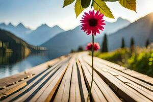 un' fiore si siede su un' di legno tavola vicino un' lago. ai-generato foto