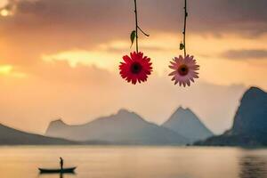 Due fiori sospeso a partire dal un' corda al di sopra di un' lago. ai-generato foto