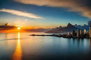 il sole imposta al di sopra di il città di rio de janeiro, brasile. ai-generato foto