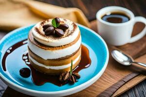 un' dolce con caffè e cioccolato su un' blu piatto. ai-generato foto