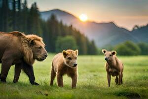 un' Leone e Due cuccioli nel il erba. ai-generato foto