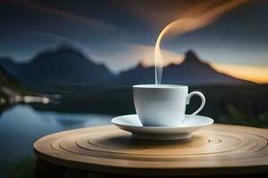 un' tazza di caffè su un' tavolo con montagne nel il sfondo. ai-generato foto