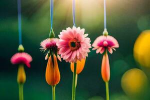 rosa fiori sospeso a partire dal stringhe nel il sole. ai-generato foto