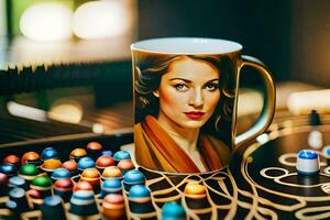 un' caffè boccale con un' ritratto di un' donna su esso. ai-generato foto