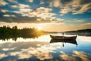 un' barca su un' lago a tramonto. ai-generato foto