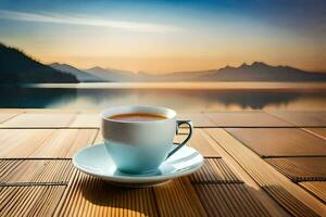 un' tazza di tè su il lago. ai-generato foto