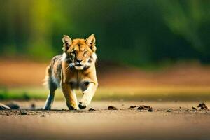 un' Leone a piedi su il sporco strada. ai-generato foto