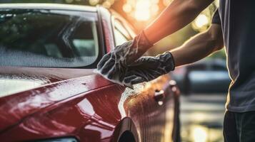 auto lavare concetto. vicino su di maschio mani nel guanti lavaggio un' macchina. foto