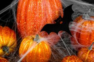 avvicinamento di pipistrello su ragno ragnatela. decorato Halloween zucche. saluto bandiera foto