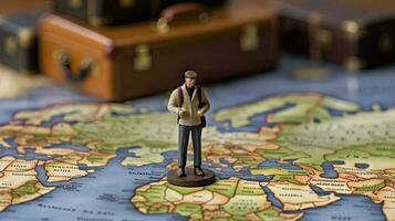 miniatura turista sta a geografico carta geografica. vacanza di viaggiatore e esploratore. concetto per viaggio azienda e fine settimana. poco giocattolo uomo creato con generativo ai tecnologia foto