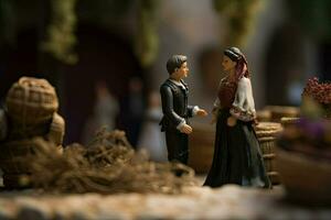 spagnolo o messicano nozze nel miniatura stile. Due Gli amanti nel bellissimo nozze vestiti. poco giocattolo marito e moglie. concetto di amore, romanza creato con generativo ai tecnologia foto