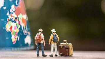 miniatura turista sta a geografico carta geografica. vacanza di viaggiatore e esploratore. concetto per viaggio azienda e fine settimana. poco giocattolo uomo creato con generativo ai tecnologia foto