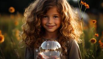 sorridente bambino detiene fiore, godendo natura bellezza nel estate prato generato di ai foto