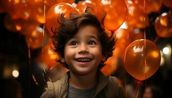 sorridente bambino con Palloncino, avendo divertimento a allegro compleanno festa generato di ai foto