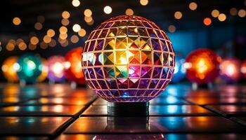 brillante illuminato sfera riflette vivace colori nel buio discoteca celebrazione generato di ai foto