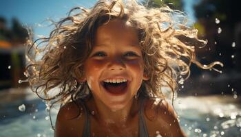 sorridente donne godendo spensierato estate, giocando nel acqua, ridendo con gioia generato di ai foto