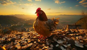 pollo Gallo in piedi nel un' azienda agricola, natura bellezza a tramonto generato di ai foto