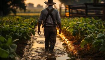 un' uomo Lavorando su un' azienda agricola, circondato di natura crescita generato di ai foto