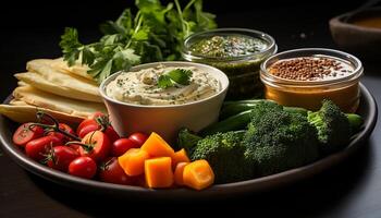 freschezza e salutare mangiare nel un' vegetariano buongustaio pasto con broccoli generato di ai foto