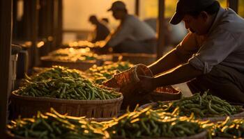 agricoltura industria agricoltori Lavorando insieme, raccolta fresco biologico verdure generato di ai foto