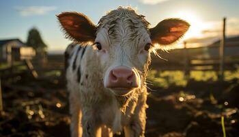 carino mucca pascolo su verde prato, tramonto vernici rurale bellezza generato di ai foto