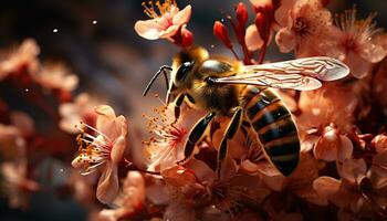 occupato ape impollinazione fiori, portando bellezza e freschezza per natura generato di ai foto