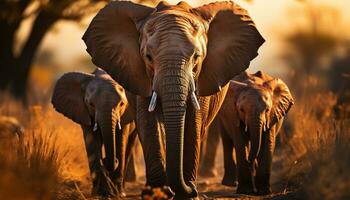 africano elefante mandria a piedi nel tranquillo savana a tramonto generato di ai foto