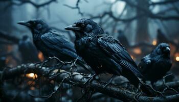 spaventoso corvo perching su un' ramo nel un' buio foresta generato di ai foto