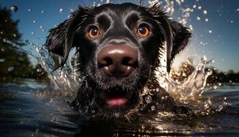 bagnato cucciolo nuoto, giocoso, guardare a telecamera, di razza labrador cane da riporto generato di ai foto