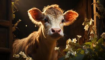 carino mucca pascolo su verde prato, guardare a telecamera generato di ai foto