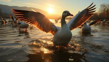 natura bellezza riflessa nel il tranquillo stagno a tramonto generato di ai foto