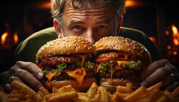 un' buongustaio hamburger pasto, fresco e alla griglia, goduto in casa a un' pub generato di ai foto