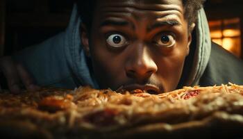 africano uomo sorridente, mangiare buongustaio cibo, guardare a telecamera felicemente generato di ai foto