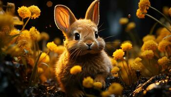 carino animale nel natura, un' piccolo soffice bambino coniglio seduta generato di ai foto