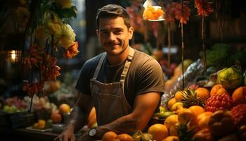 sorridente uomo, fresco frutta, allegro contadino, salutare stile di vita, piccolo attività commerciale generato di ai foto