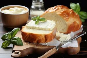 latteria infusione Visualizza di crema formaggio latte pane generativo ai foto