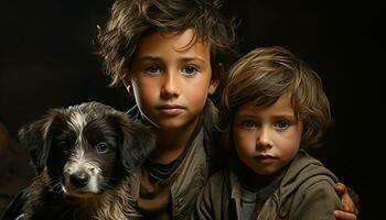 bambino e cane, carino ritratto ragazzi e animali domestici guardare a telecamera generato di ai foto