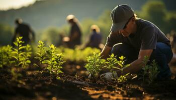 uomini e donne Lavorando insieme, piantare e in crescita nel natura generato di ai foto