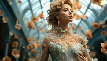 elegante caucasico bellezza, moda modello, sensualmente in posa nel lussuoso vestito generato di ai foto