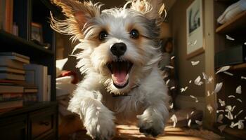 carino terrier cucciolo seduta, sorridente, giocoso, guardare a telecamera, gioioso generato di ai foto