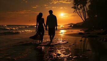 tramonto amore Due persone abbraccio, a piedi su sabbia, sorridente insieme generato di ai foto