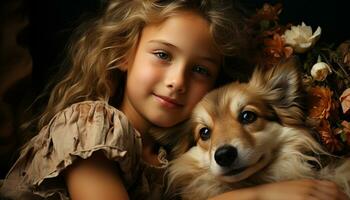 un' carino cane e un' sorridente bambino, un' ritratto di amicizia generato di ai foto