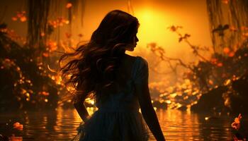 giovane donna gode natura bellezza, sorridente a tramonto di il acqua generato di ai foto