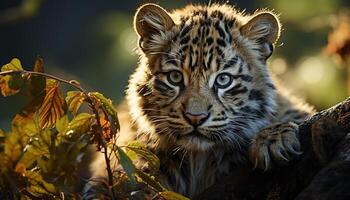 un' maestoso Bengala tigre, vicino su, guardare carino nel il foresta generato di ai foto