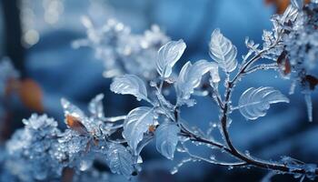 vicino su di un' congelato foglia su un' ramo, inverno bellezza generato di ai foto