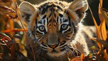 tigre, natura bellezza, a strisce felino, vicino su, in via di estinzione specie, tropicale foresta pluviale generato di ai foto