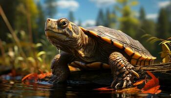 un' carino tartaruga nuotate nel un' stagno, circondato di natura generato di ai foto