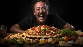 un' gioioso uomo gode un' buongustaio Pizza pasto in casa generato di ai foto