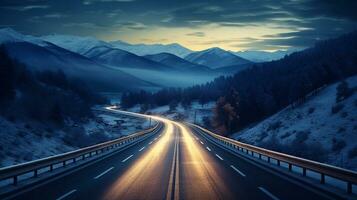 un' Immagine di inverno strada nel il montagne a notte con neve e blu cielo. generativo ai foto