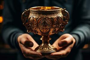 vicino su di d'oro tazza nel il mani di un' giovane uomo. generativo ai foto